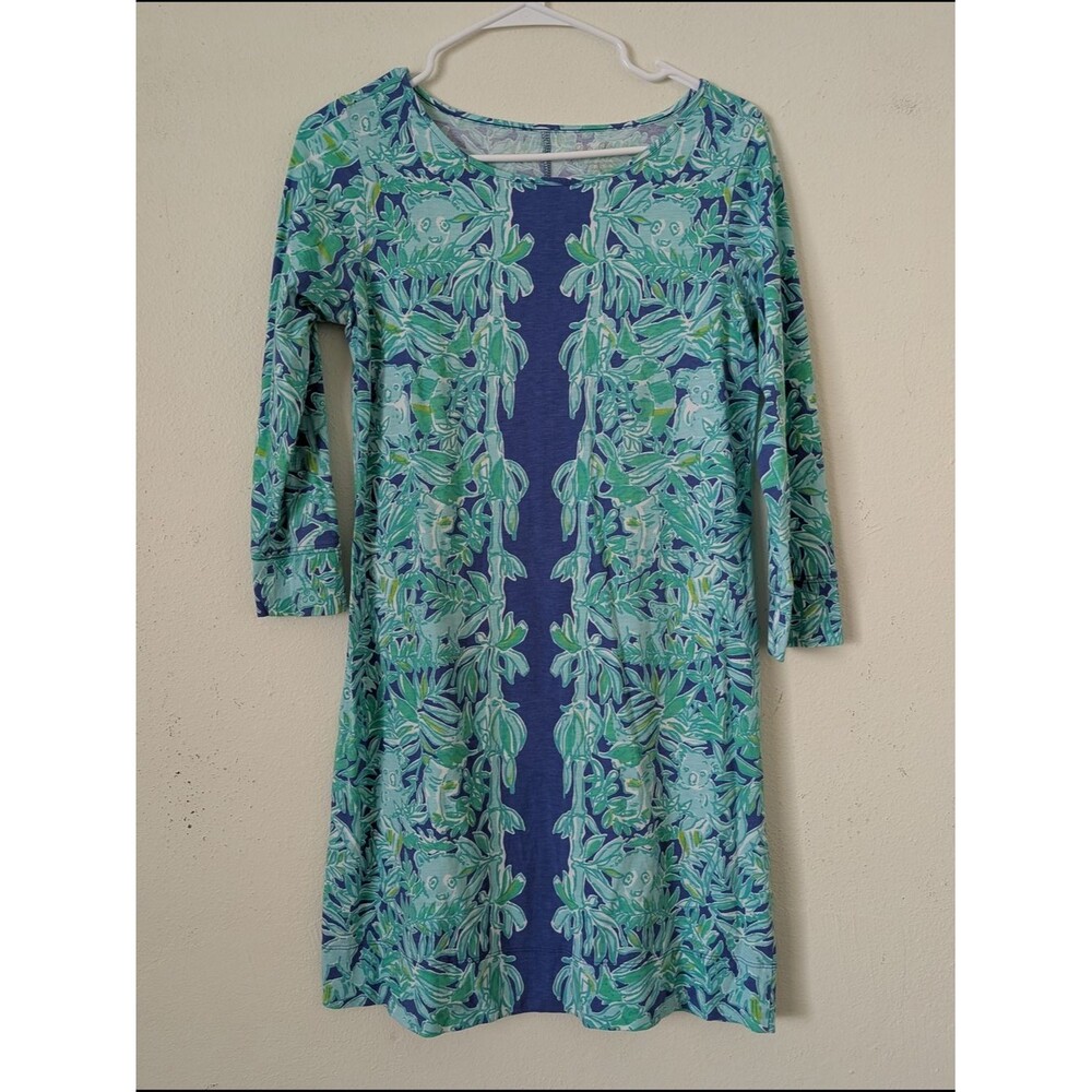 Lilly Pulitzer Marlowe Dress Blue Green Koala Bamboo Print Sz Small Pima Cotton